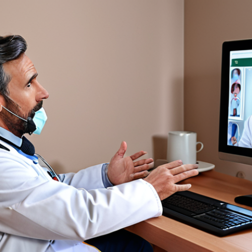 **A doctor is consulting with a patient through a video call.** Focus on conveying convenience and flexibility. The setting could be a cozy home environment.