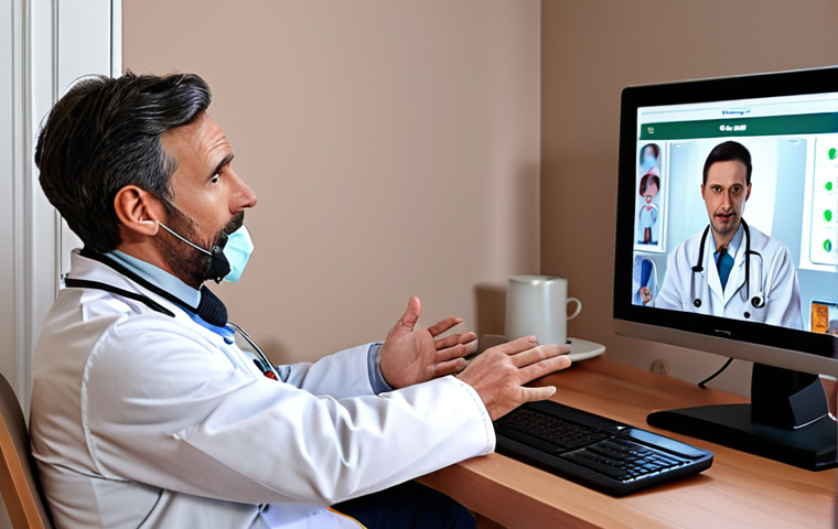 **A doctor is consulting with a patient through a video call.** Focus on conveying convenience and flexibility. The setting could be a cozy home environment.