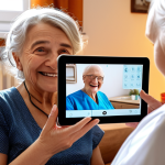 **

A friendly doctor smiles reassuringly during a telemedicine consultation with an elderly patient at home. The patient holds a tablet, displaying a video call. The scene is warm and inviting, with elements of a cozy German living room visible in the background. The focus is on accessibility and ease of use for older generations using telemedicine.

**