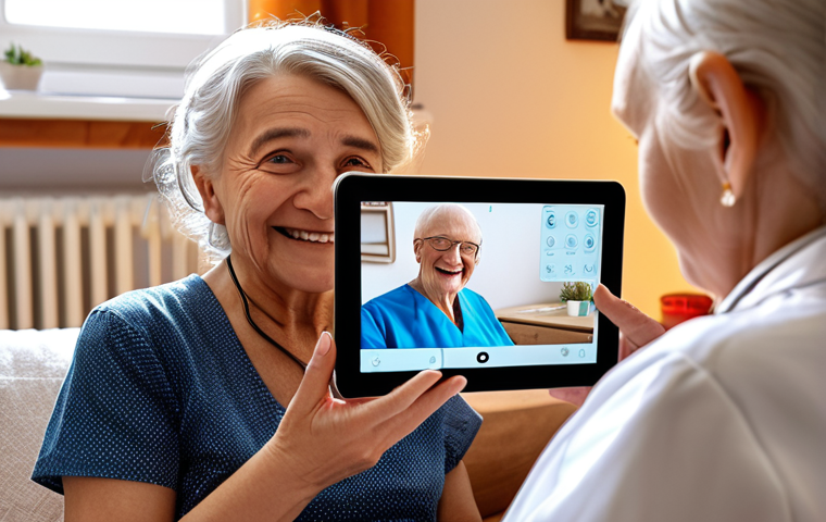 **
A friendly doctor smiles reassuringly during a telemedicine consultation with an elderly patient at home. The patient holds a tablet, displaying a video call. The scene is warm and inviting, with elements of a cozy German living room visible in the background. The focus is on accessibility and ease of use for older generations using telemedicine.
**