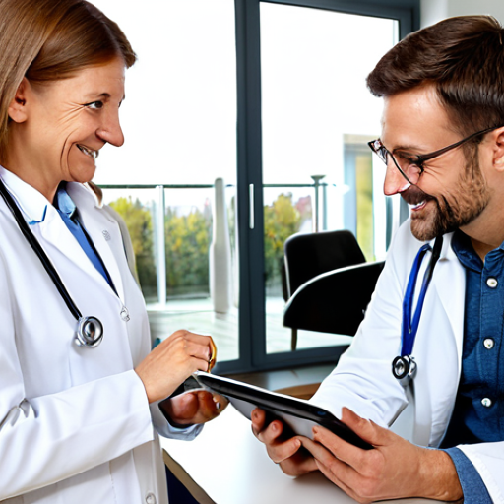Telemedicine for Families**
"A friendly family doctor, fully clothed in a professional white coat, is consulting with a mother and her young child via a tablet in a bright and modern German home. The child is smiling and relaxed. The home is decorated in a contemporary German style. Safe for work, appropriate content, fully clothed, professional, family-friendly, perfect anatomy, correct proportions, natural pose, well-formed hands, proper finger count, natural body proportions, high quality."
**