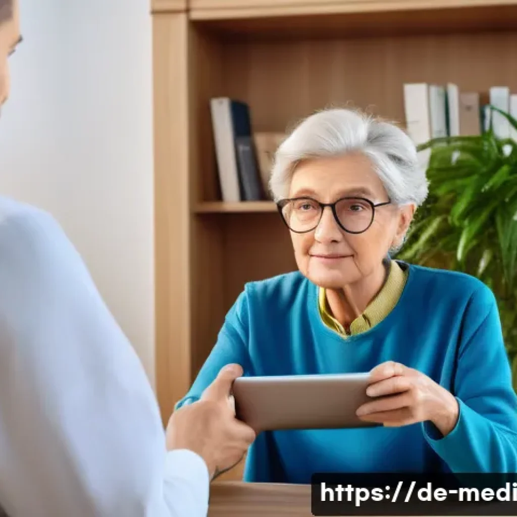 원격의료 서비스의 비즈니스 모델 혁신 - A modern telemedicine consultation scene in a cozy German living room, showing an elderly woman wear...