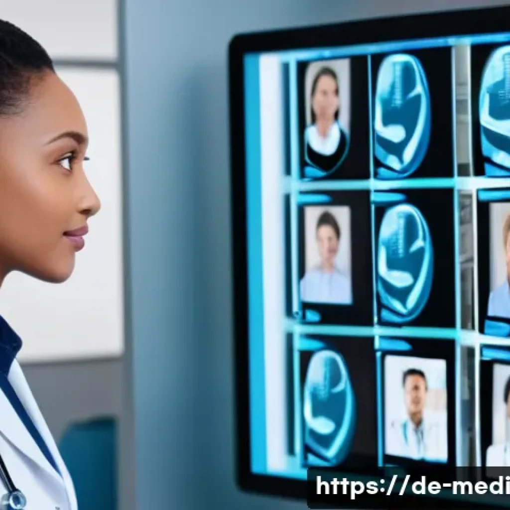 원격의료 서비스의 환자 데이터 관리 - A modern telemedicine consultation scene showing a doctor and patient interacting via a secure digit...