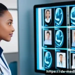 원격의료 서비스의 환자 데이터 관리 - A modern telemedicine consultation scene showing a doctor and patient interacting via a secure digit...