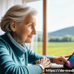 원격의료 서비스를 통한 원격 모니터링 - A modern German elderly woman wearing comfortable clothing and a smartwatch, sitting in a bright, co...