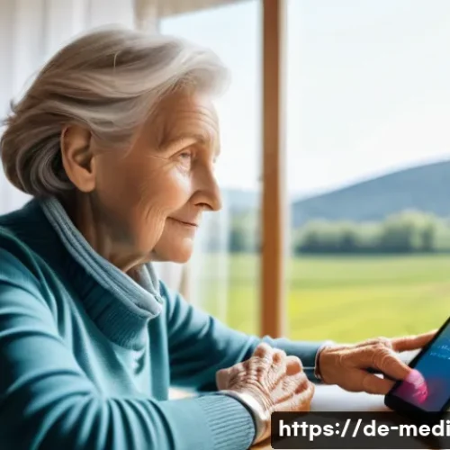 원격의료 서비스를 통한 원격 모니터링 - A modern German elderly woman wearing comfortable clothing and a smartwatch, sitting in a bright, co...