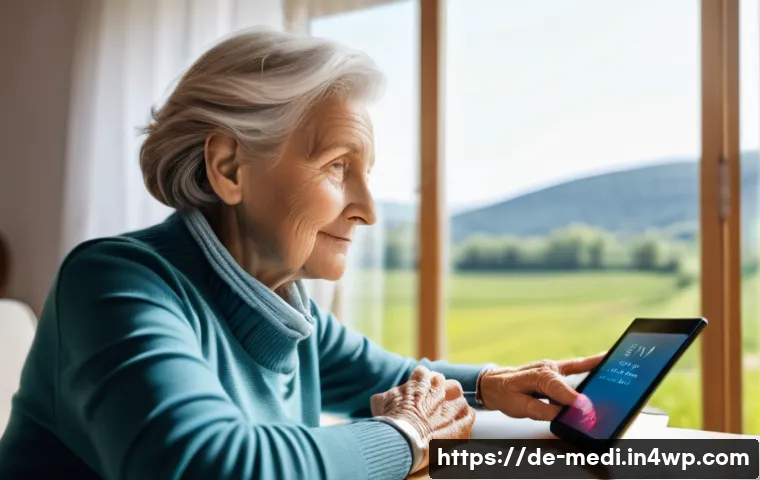 원격의료 서비스를 통한 원격 모니터링 - A modern German elderly woman wearing comfortable clothing and a smartwatch, sitting in a bright, co...