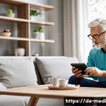 원격의료 서비스의 목표 및 비전 - A cozy modern living room scene showing a middle-aged German patient engaging in a telemedicine vide...
