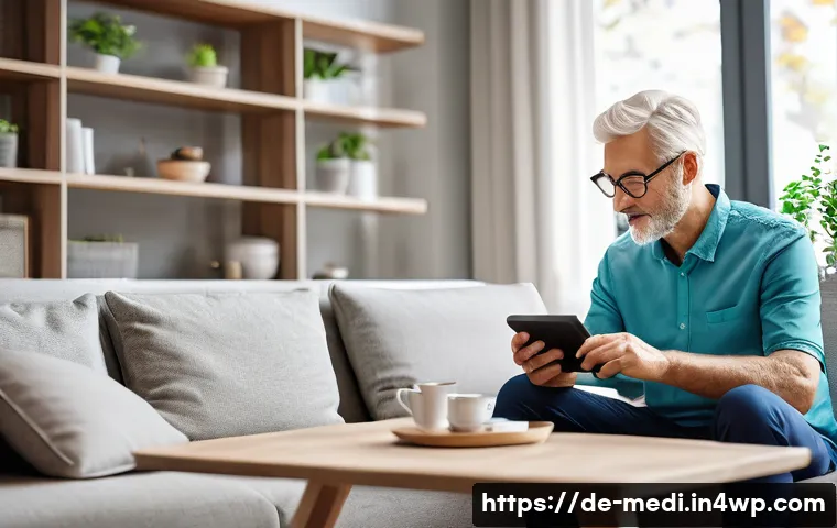 원격의료 서비스의 목표 및 비전 - A cozy modern living room scene showing a middle-aged German patient engaging in a telemedicine vide...