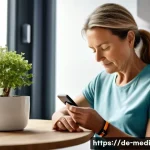 원격의료 서비스와 만성 질환 관리 - A middle-aged German woman with diabetes wearing casual clothing and a smartwatch on her wrist, calm...