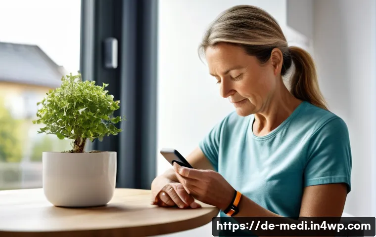 원격의료 서비스와 만성 질환 관리 - A middle-aged German woman with diabetes wearing casual clothing and a smartwatch on her wrist, calm...