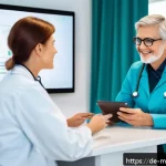 원격의료 서비스의 피드백 시스템 개선 - A modern telemedicine consultation scene showing a middle-aged German female doctor and a patient co...