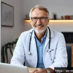 원격의료 서비스에서의 약물 처방 절차 - A modern telemedicine consultation scene showing a middle-aged German patient sitting comfortably at...