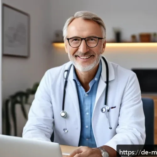 원격의료 서비스에서의 약물 처방 절차 - A modern telemedicine consultation scene showing a middle-aged German patient sitting comfortably at...
