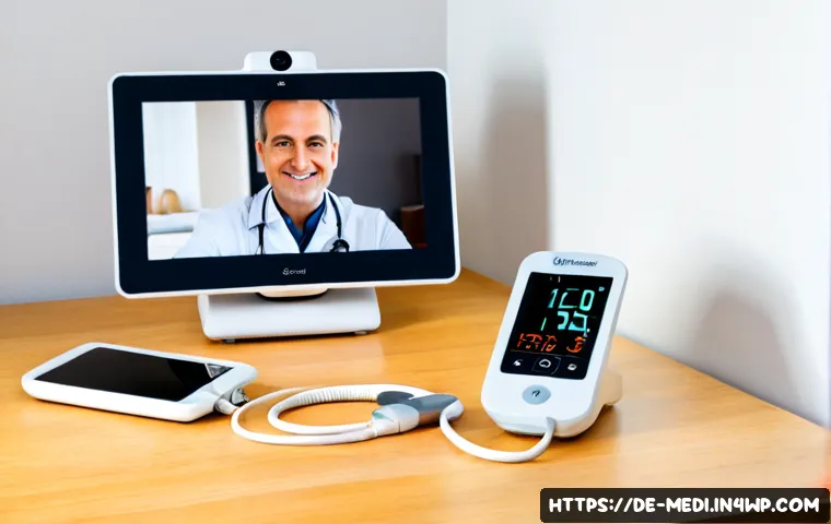 원격의료를 위한 필수 장비 목록 - Photorealistic telemedicine home consultation setup in a tidy modern German apartment, a tablet on a...
